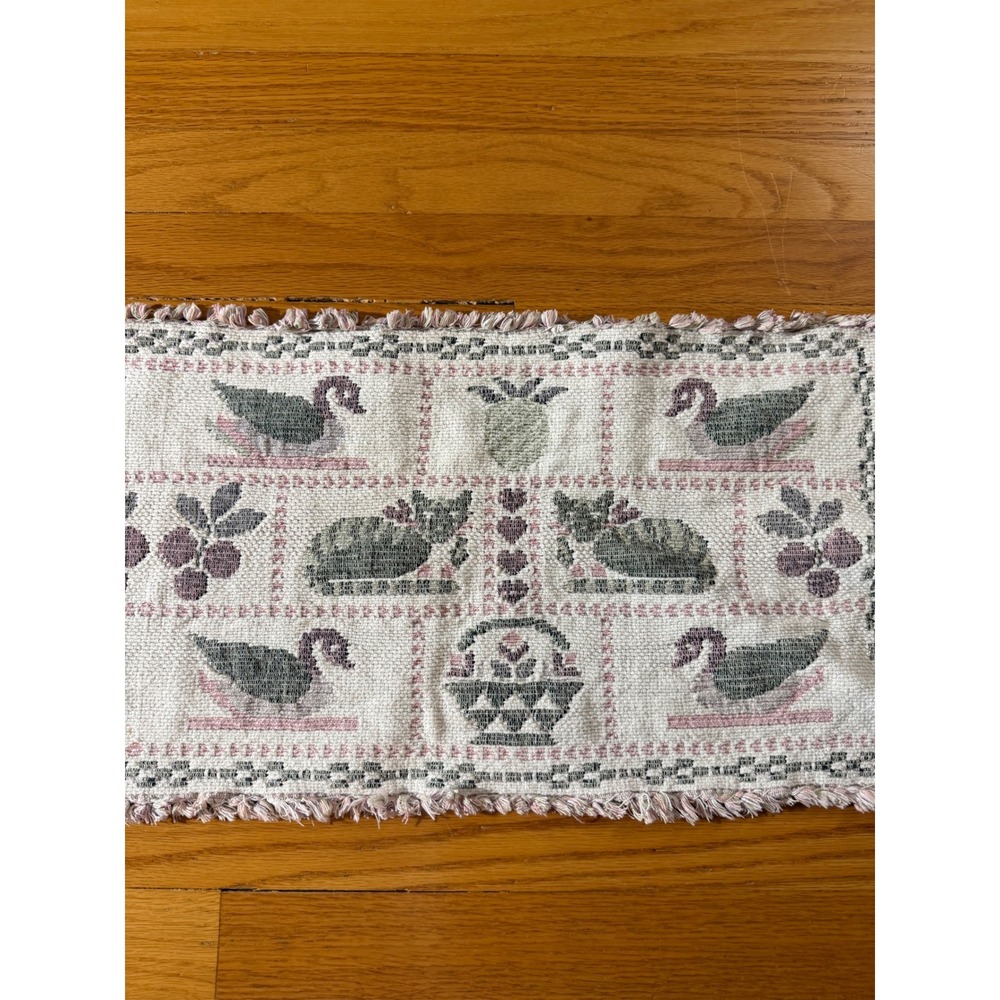 Vintage Woven Tapestry Table Runner Country Primitive Cat Goose Pink Green 68in